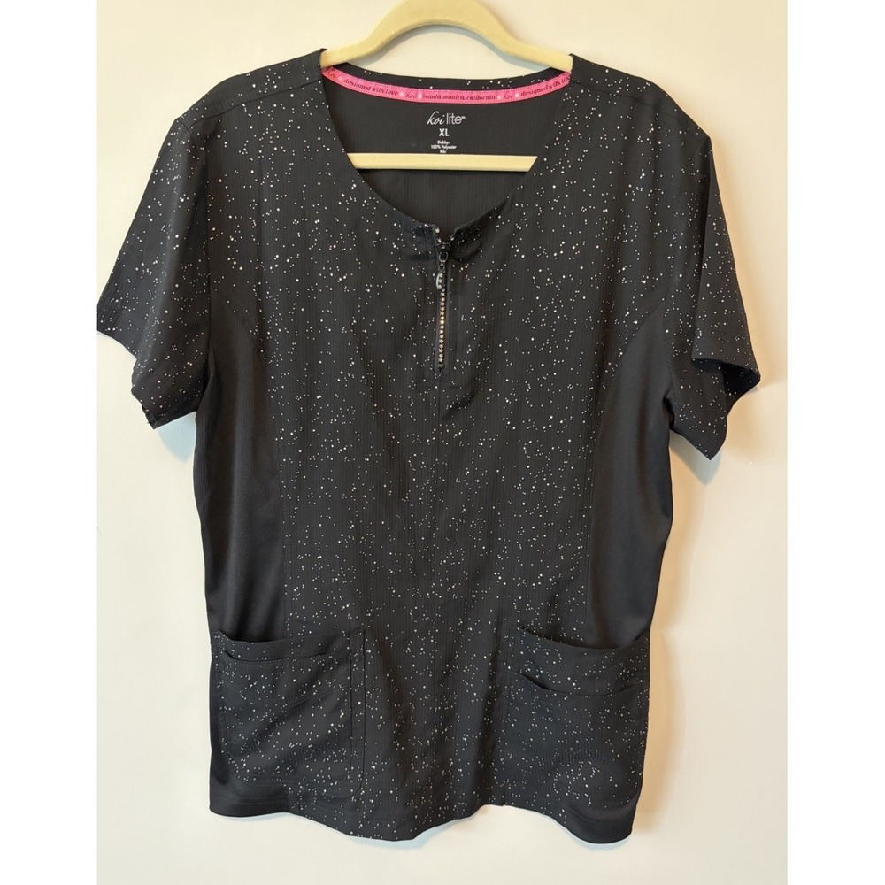 Koi Lite Women's Scrub Top Black Glitter Sparkle Bling Pockets Pullover Size XL
